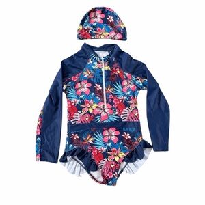 Girls Long Sleeve Swimsuit /Rash Guard W/Cap - One-Piece Bathing Suit Size 10